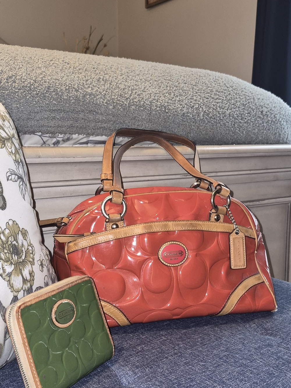 Coach Coral Patent Leather Satchel with Tan Trim